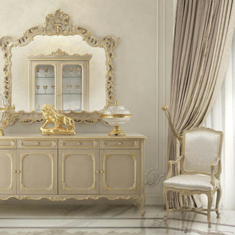 Eclectic Imperial Carved Chair with Armrest in Pearl Satin