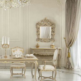 Eclectic Imperial Carved Chair with Armrest in Pearl Satin